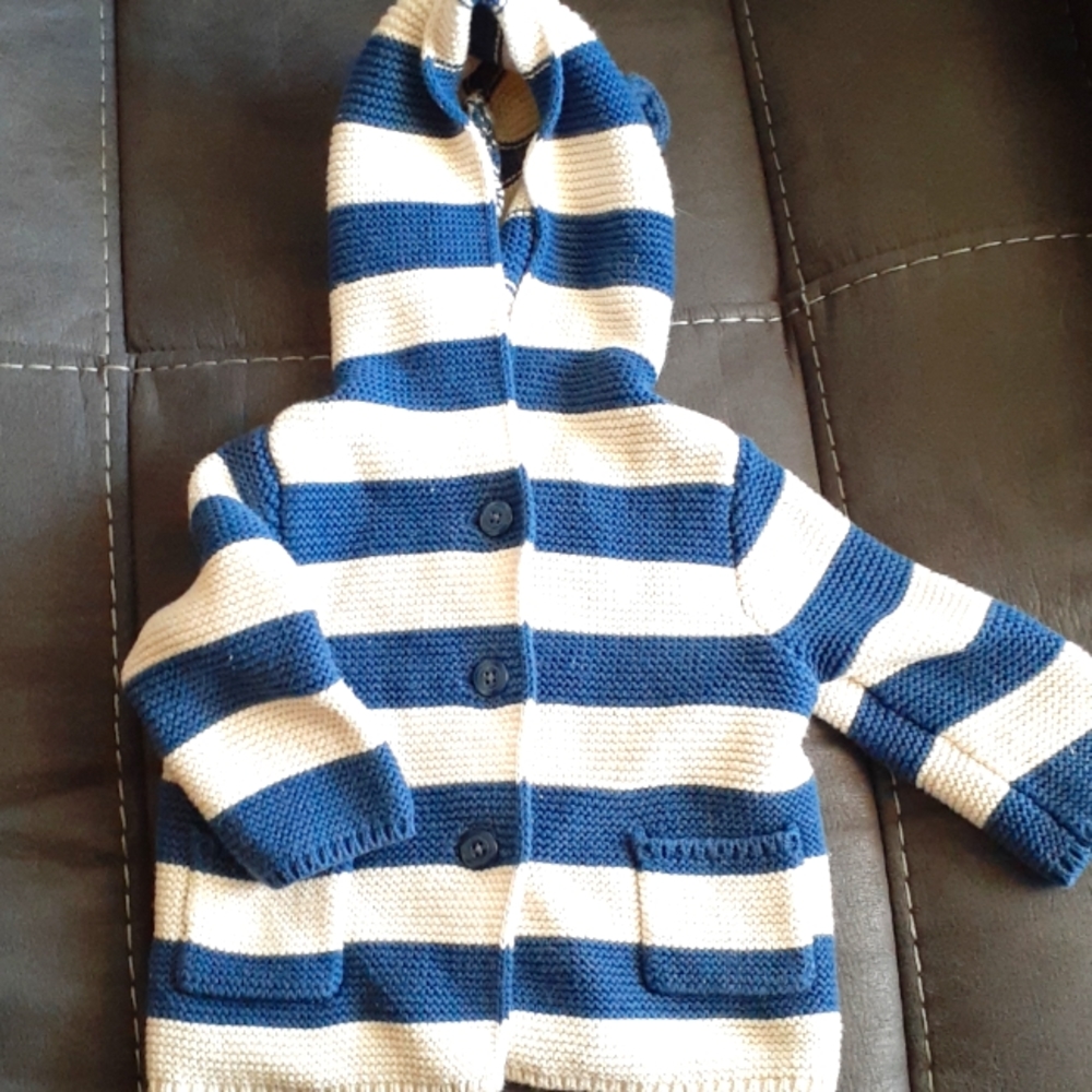 Baby Gap. Thick and warm button down hooded sweater with ears. Size 3-6 month.